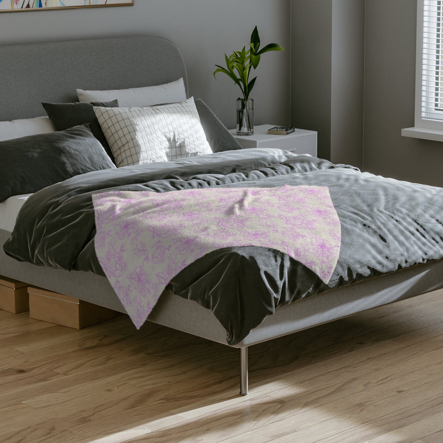 Velveteen Microfiber Blanket - Pink and White Handmade Pattern, Cozy Gift