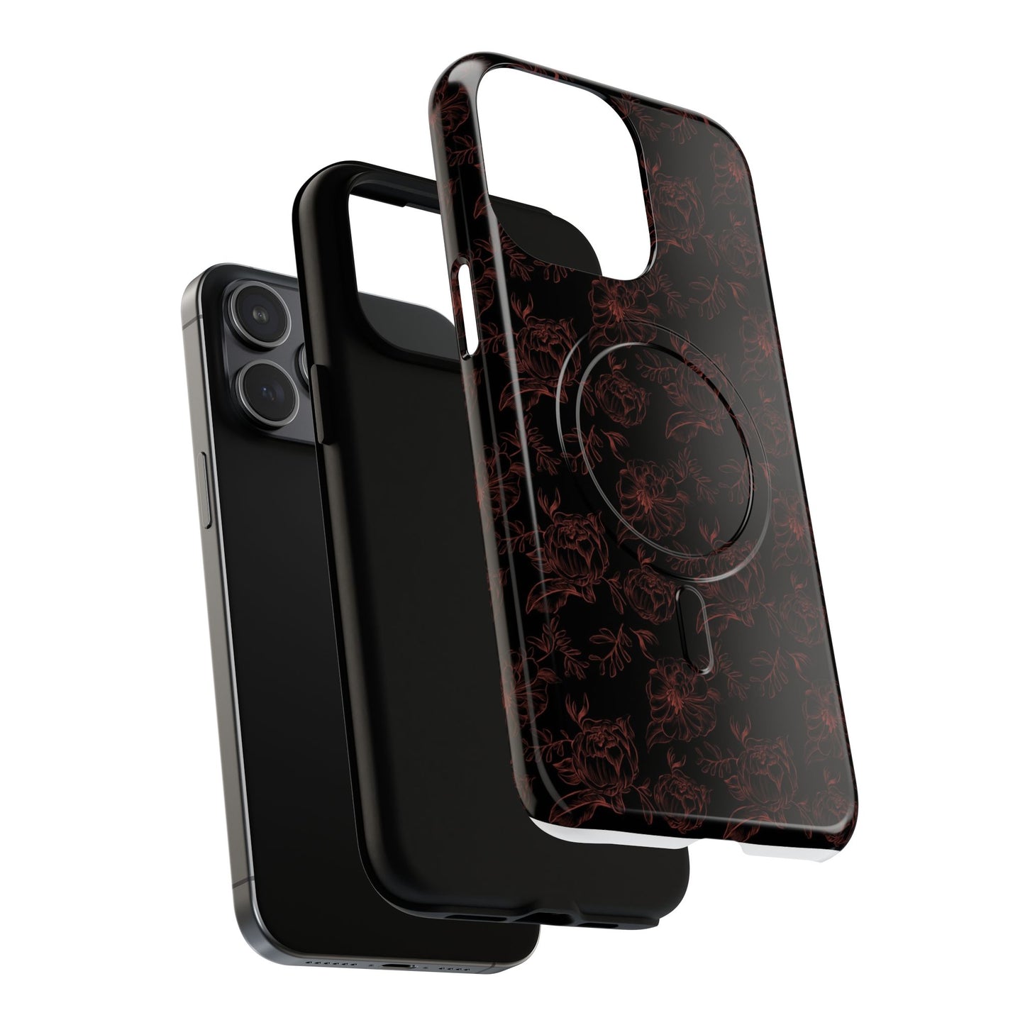 Magnetic Phone Case - Black and Red Floral Pattern iPhone Case