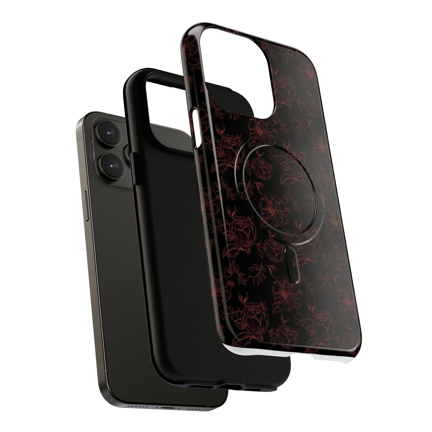 Magnetic Phone Case - Black and Red Floral Pattern iPhone Case