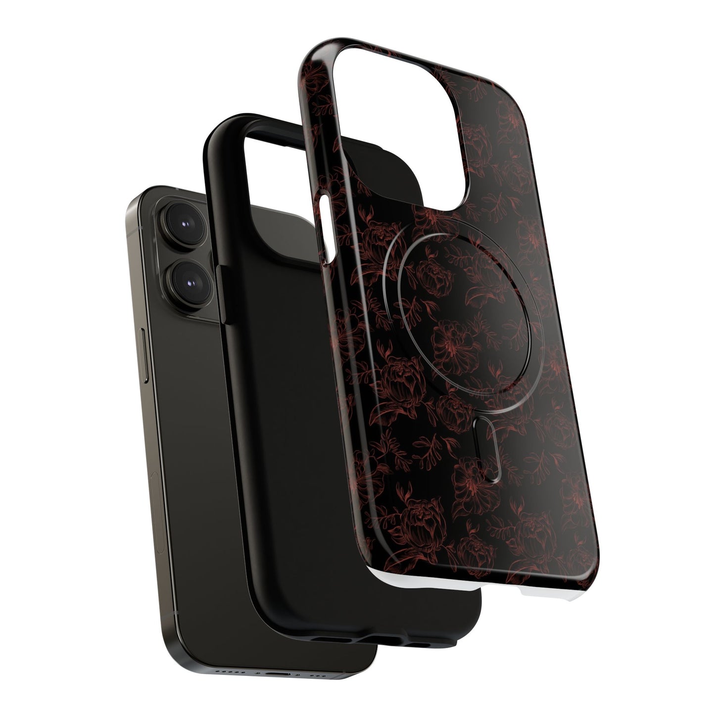 Magnetic Phone Case - Black and Red Floral Pattern iPhone Case